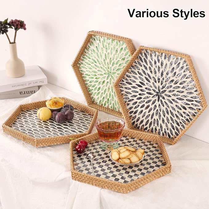 Hexagon Rattan Tray with Mother of Pearl Inlay, Rattan Serving Tray - Image 3