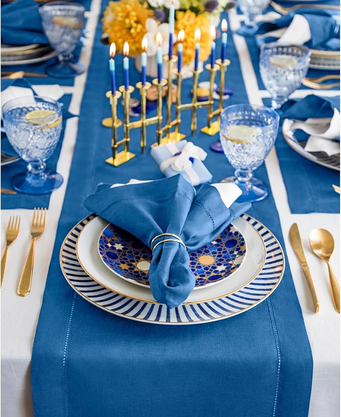 Solino Home 100% Pure Linen Table Runner Indigo Blue Hemstitch, 14 x 156 in | - Image 2