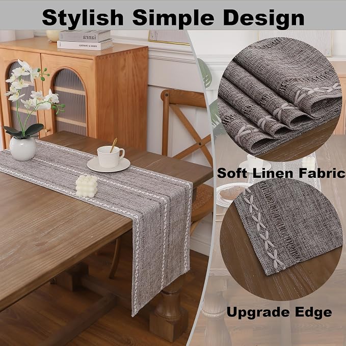 Gernaice 2PCS Boho Table Runner, Rustic Embroidered Cotton Linen Farmhouse - Image 3