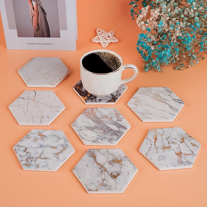 Gold Marble Coasters, Geichan Ceramic Bar Coasters Cute Dining Coffee Table - Image 9