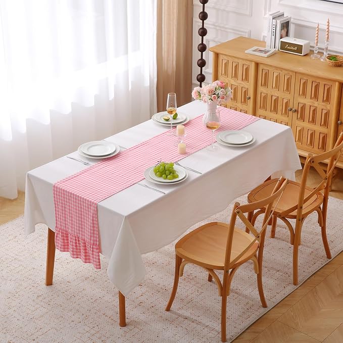 Coral Pink White Plaid Gingham Ruffle Table Runner 120 inches Long 100% Washed - Image 2