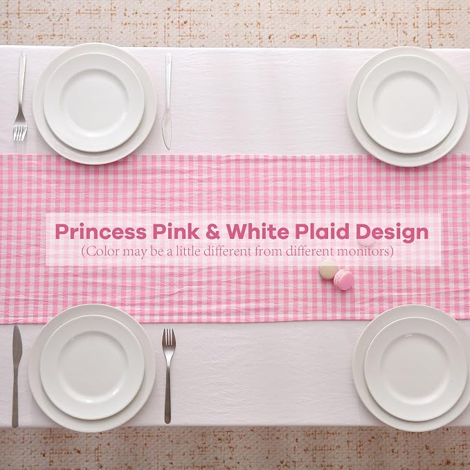 Pink White Plaid Gingham Ruffle Table Runner 90 inches Long 100% Washed Cotton - Image 4