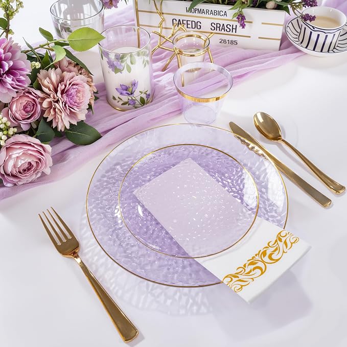 Rubtlamp 175 Pcs Purple Plastic Dinnerware Set, Hammered Party Platos, Plates - Image 4