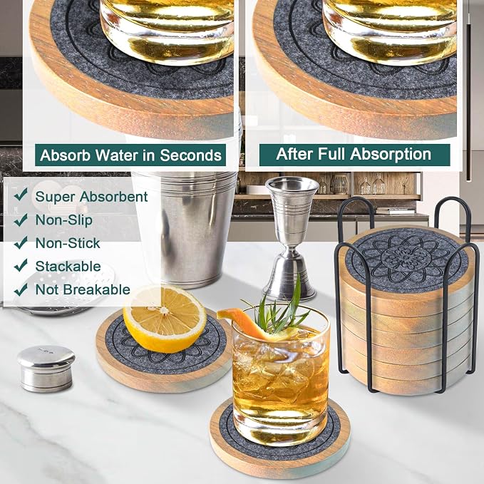 Wood Coasters for Drinks Set of 8, Minacun Absorbent Coaster, Drinks Coasters - Image 2