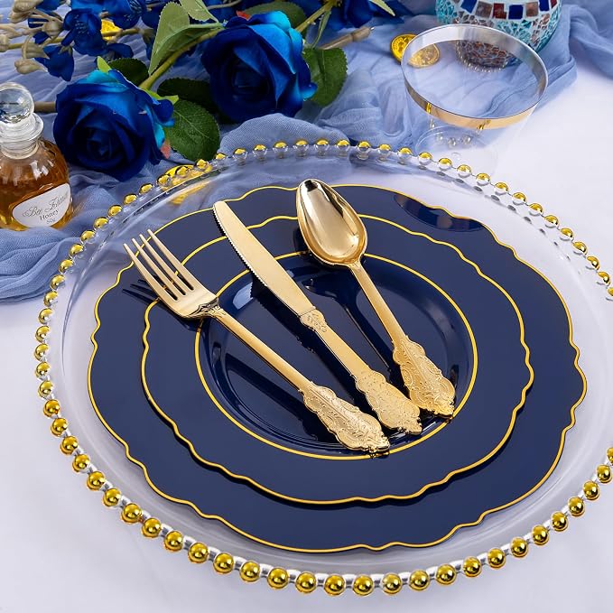 350PCS Navy Blue Plastic Patriotic Plates-Disposable Blue Gold Plates 50guest - Image 9