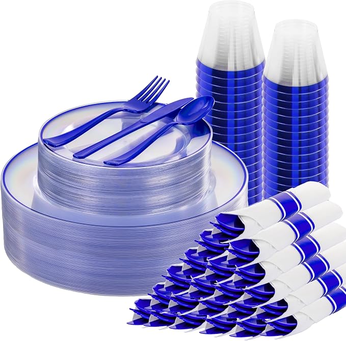 SUT 175 Pcs Blue and Clear Plastic Dinnerware Set by SeeYouTomorrow