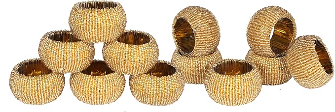 Gold Napkin Ring, Napkin Rings Set of 12, Beaded Napkin Holders, Round Napkin by Lightnpro