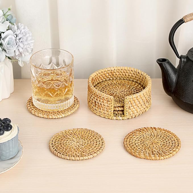Drink Coasters Set of 6, Handwoven Rattan Coasters - Image 2