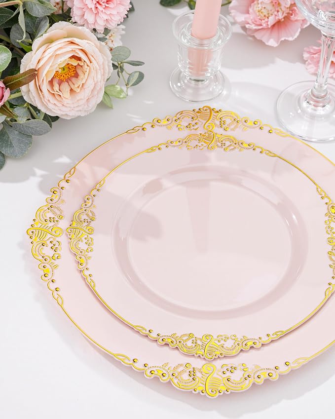 Nervure 100Pcs 10.25'' Pink Plastic Plates, Heavy Duty Disposable Plates - Image 2