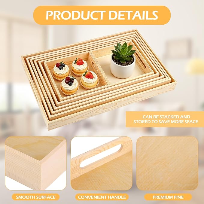 Aodaer 7 Pieces Wooden Trays, Wooden Nested Serving Trays, Rectangular Shape - Image 3
