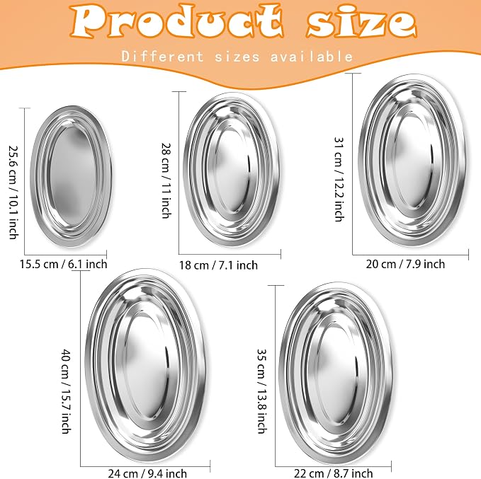 5 Pcs Stainless Steel Oval Platter Set Silver Oval Serving Food Tray Heavy Duty - Image 2