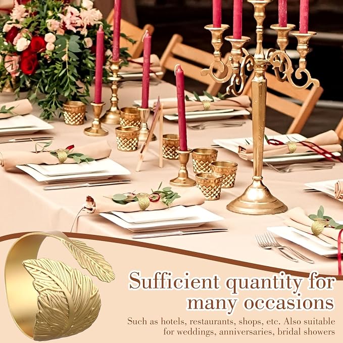 100 Pcs Gold Napkin Rings for Wedding Shiny Metal Napkin Holder Study Leaf - Image 4