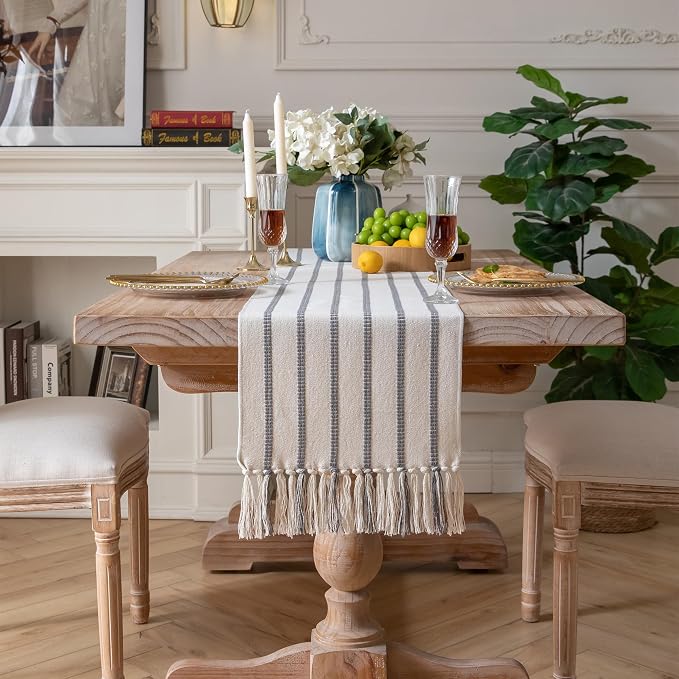 Caflife Boho Table Runner 90 Inchs Long Grey and Beige, Cotton and Linen Woven - Image 6