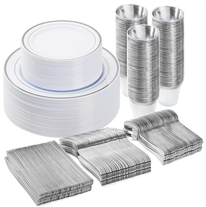 BESTVIP 300PCS Plastic Dinnerware Set, Anniversary, Includes: Dinner Plates by Bestvip