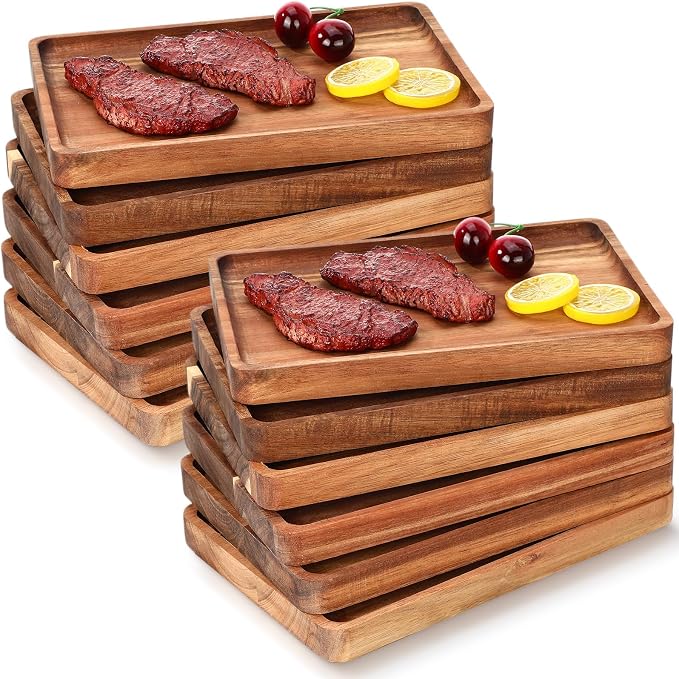 Roshtia 12 Pcs Acacia Wood Serving Tray Rectangular Wooden Serving Platter by Roshtia