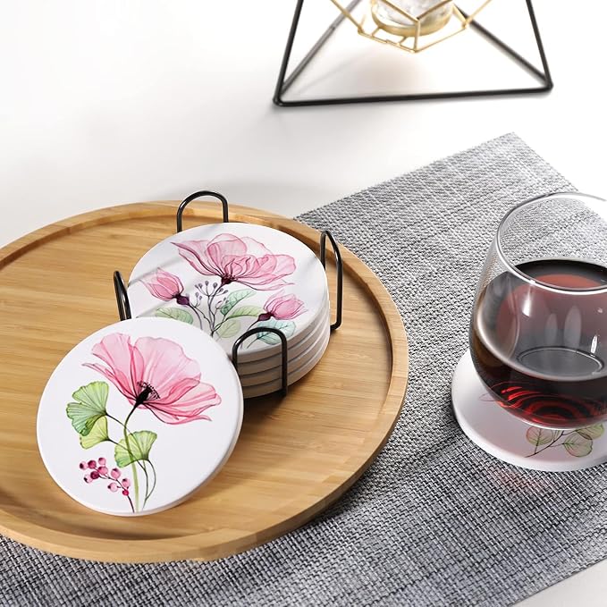 Drink Coasters for Drinks Set of 6, Watercolor X-ray Roses and Eucalyptus - Image 5