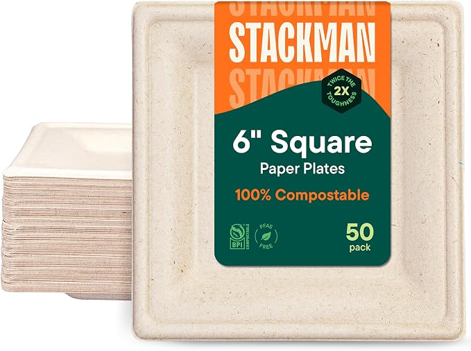 100% Compostable Square Paper Plates by StackMan