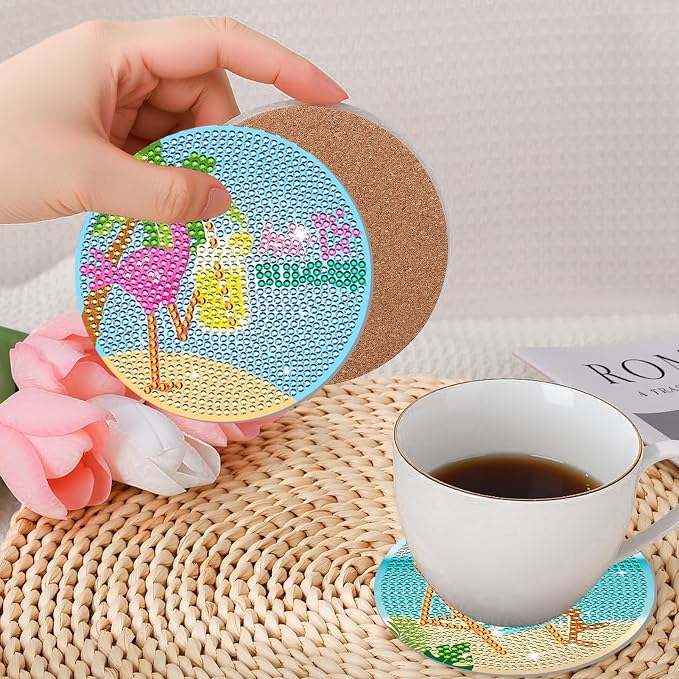 8 Pcs Boho Diamond Art Painting Coasters Holder Sands Flamingos | Abstract - Image 4