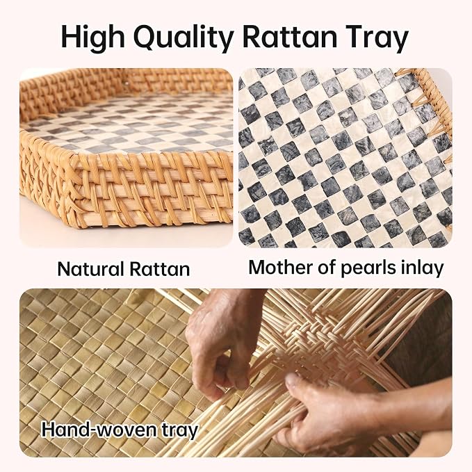 Hexagon Rattan Tray with Mother of Pearl Inlay, Rattan Serving Tray - Image 5