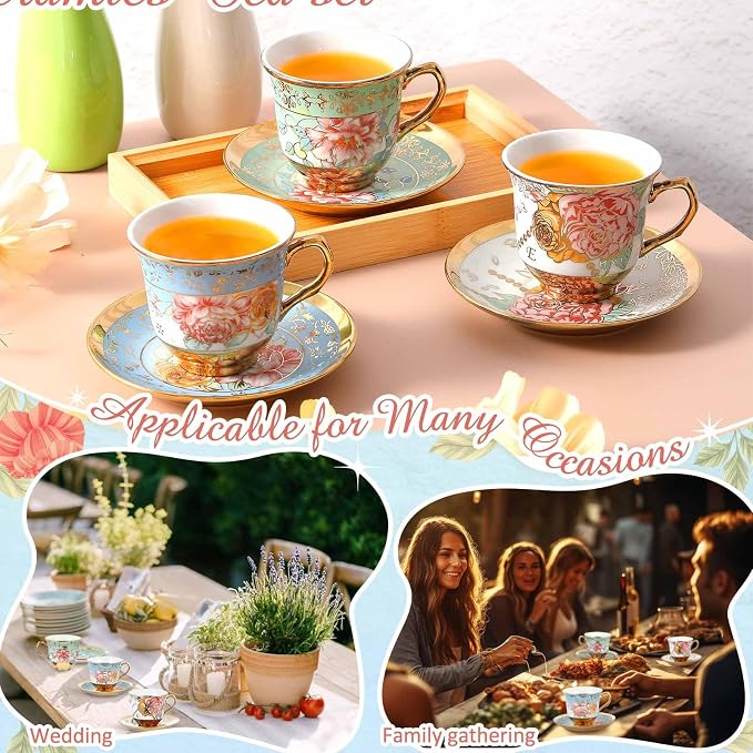 Teenyyou Set of 12 Tea Cups and Saucers Tea Party Decorations Floral Porcelain - Image 3