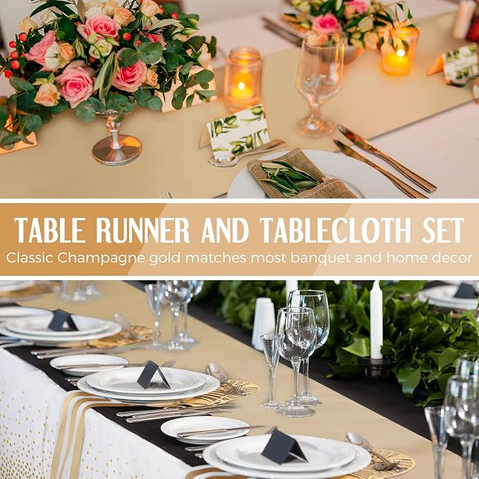 8 Pack White and Gold Disposable Plastic Tablecloths and Satin Table Runner Set - Image 5