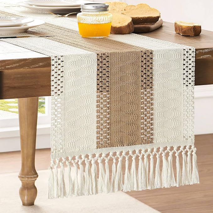 Macrame Style Bicolor Stitching Table Runner 14x36in Brown | Woven Boho Table by ZEEMARTONLINE