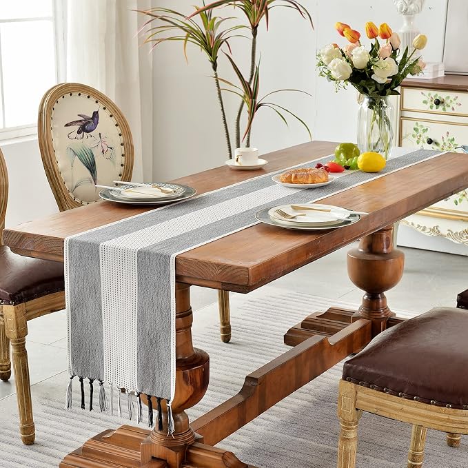 Wracra Linen Table Runner, Stripe Table Runners 48 Inches Long Black | Delicate - Image 7
