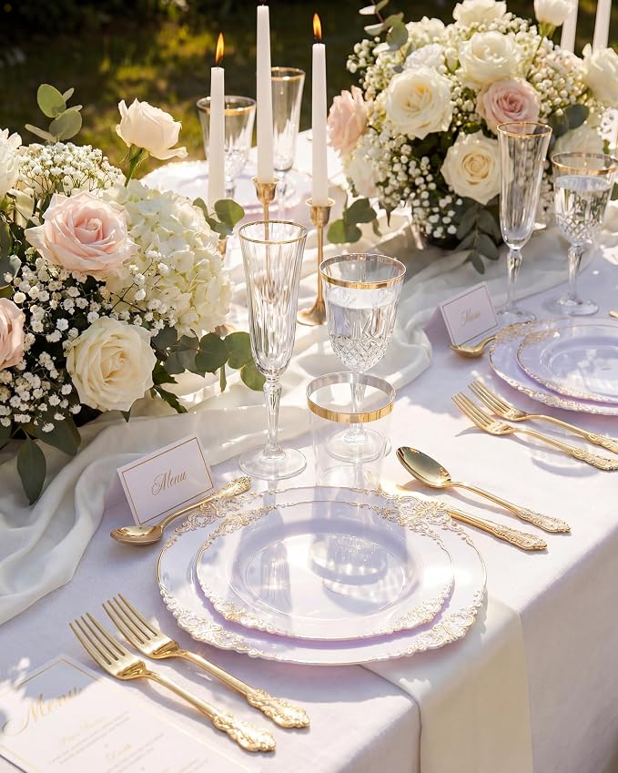 Nervure 175Pcs White and Gold Plastic Plates, Dinnerware Set - Image 2