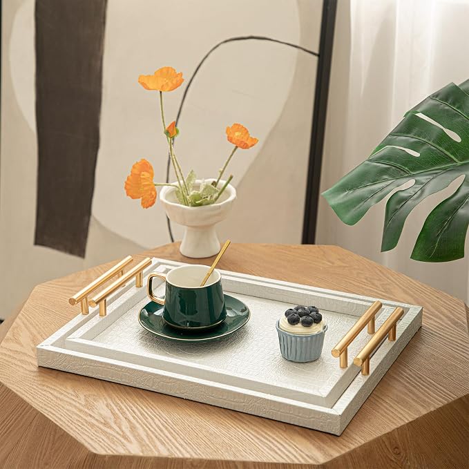 Set of 2 Modern Elegant Large Wood Serving Tray, Rectangle Decorative Tray - Image 2