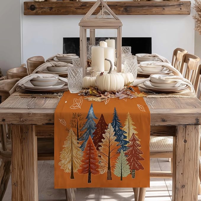 Fall Watercolor Trees & Maple Leaves Table Runner 13x120 Inch, Rustic Farmhouse - Image 6