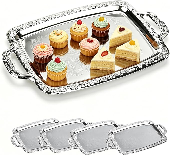 4-Pack Large Rectangle Silver Serving Trays, 15.4" x 9.3" Stainless Steel - Image 11