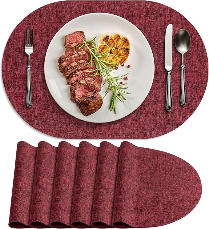 Placemats for Dining Table Set of 6 Non-Slip, Heat Resistant Oval Leather by Delicateandelegantplacemats