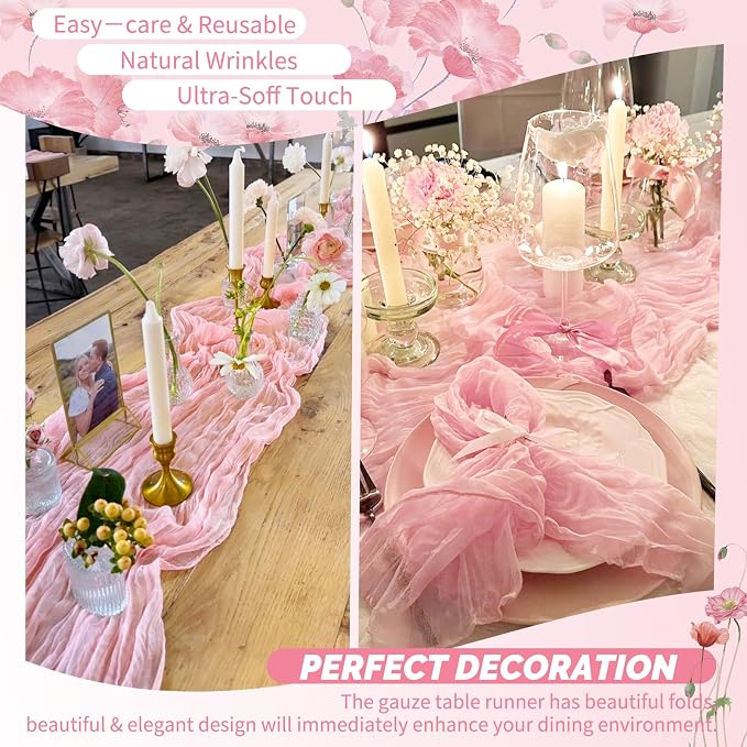 Showgeous 4 Pack Light Pink Cheesecloth Table Runner, 17 x 108 Inches | Boho - Image 6