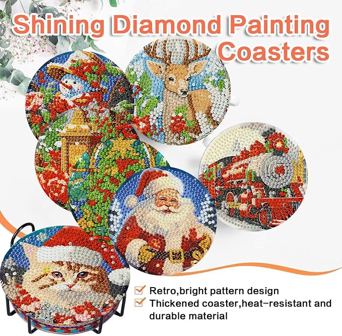 8 Pcs Christmas Diamond Painting Coasters Kits 4X4in | Christmas Diamond Art - Image 8