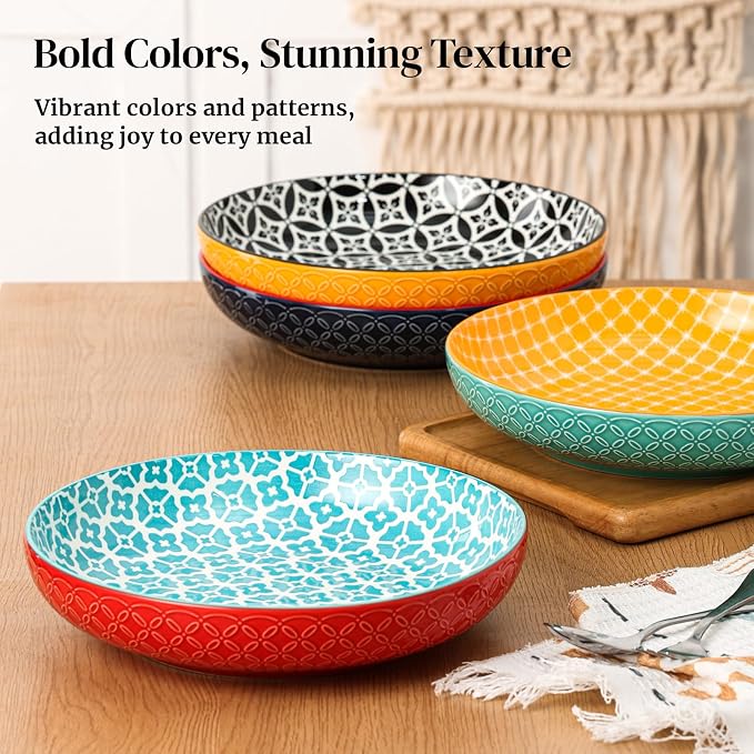 DOWAN 10" Vibrant Pasta, Salad & Soup Serving Bowls Set of 4, Embossed Large - Image 7