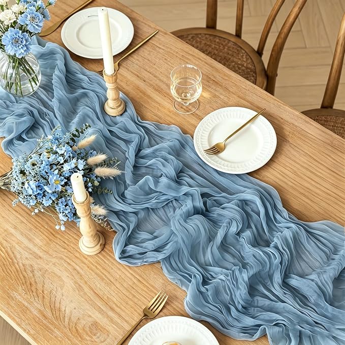 Dust Blue Cheesecloth Table Runner, 10FT Rustic Blue Boho Gauze Table Runner - Image 2