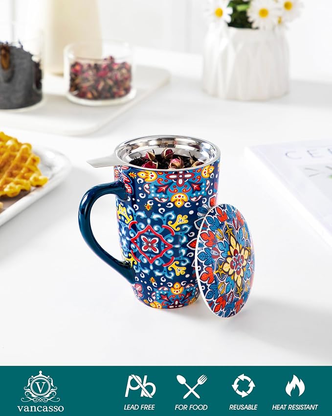 vancasso Ceramic Tea Mug with Infuser and Lid, 18 Ounce Bohemian Loose Leaf Cup - Image 3