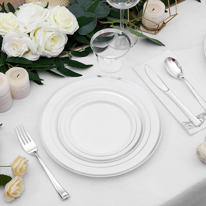 350-Piece Silver Rim Plastic Dinnerware Set - Image 3