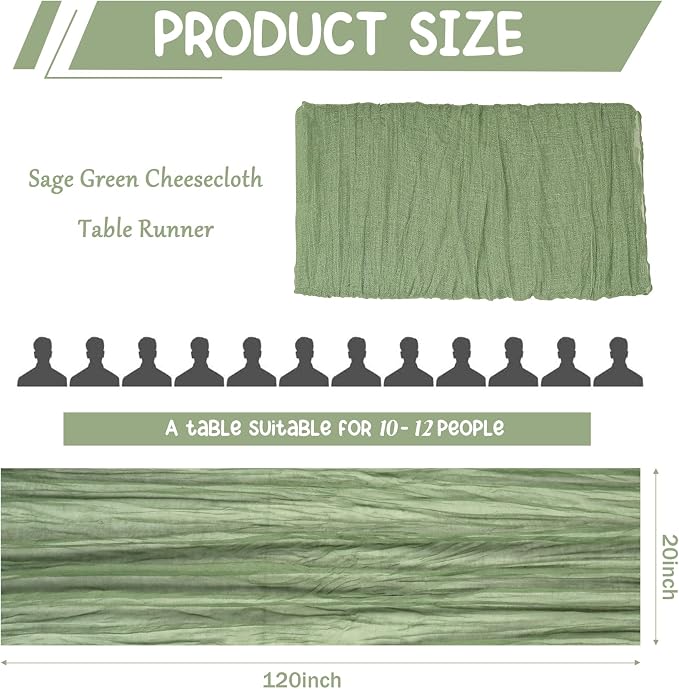 10 Pack Sage Green Cheesecloth Table Runner 10FT Boho Gauze Fabric Table Runner - Image 2