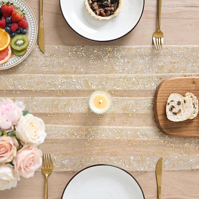 Artoid Mode Gold Gauze Champagne Table Runner 120 Inch 10FT, Glitter Metallic - Image 3