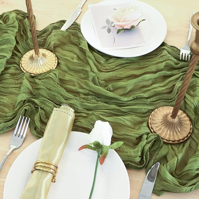 3 Pack Olive Green Cheesecloth Table Runner 120 Inch Boho Wedding Decor | - Image 5