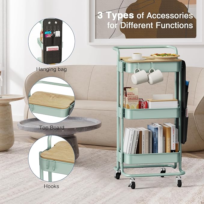DTK 3-Tier Rolling Cart with Table Top, Metal Utility Cart with Side Bags | - Image 5