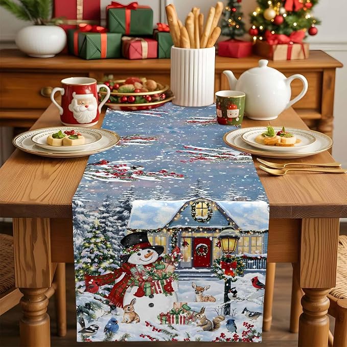 Merry Christmas Table Runner 108 Inches Long, Xmas Trees Snowman Snowflake - Image 5