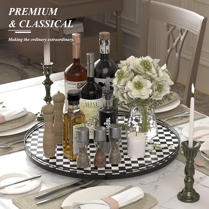 AMH 21-Inch Black and White Checkerboard Lazy Susan Decorative Tray | Smooth - Image 3