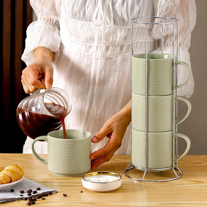 HASENSE Coffee Mugs Set with rack, 15 Ounce Porcelain Stackable Large Coffee - Image 5