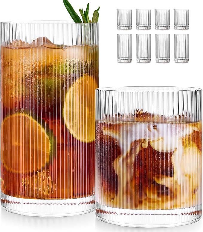 Ribbed Drinking Glasses Cups Set of 8 Large Capacity Highball 17oz&12oz | Rocks by Potdoctor