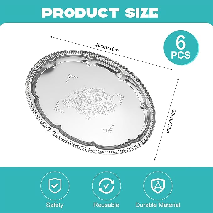 6-Pack Large Silver Serving Trays – Oval Floral Engraved Serving Platters - Image 7