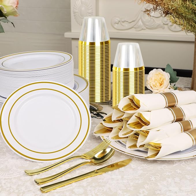 Zcaukya 350 PCS Gold Plastic Dinnerware Set - Image 3