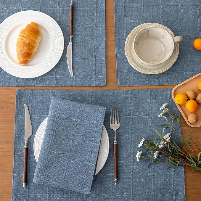 Linen Checked Placemats Set of 6, Machine Washable, Thick Textured Farmhouse - Image 3