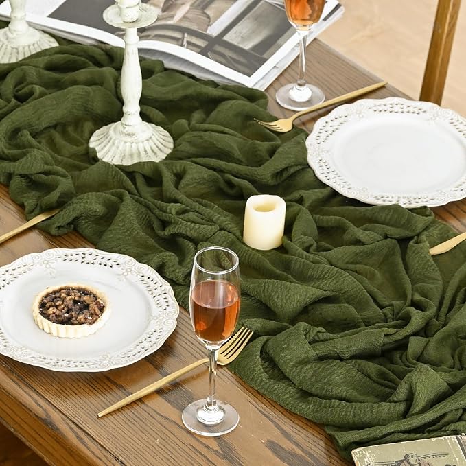 Artoid Mode Boho Cheesecloth Gauze Olive Green Wedding Table Runner, 160 Inch - Image 3